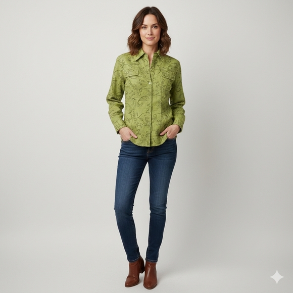 Chico's Size 1/M Shirt Shacket Button Down Floral Embroidered Green Microfiber - Picture 2 of 12